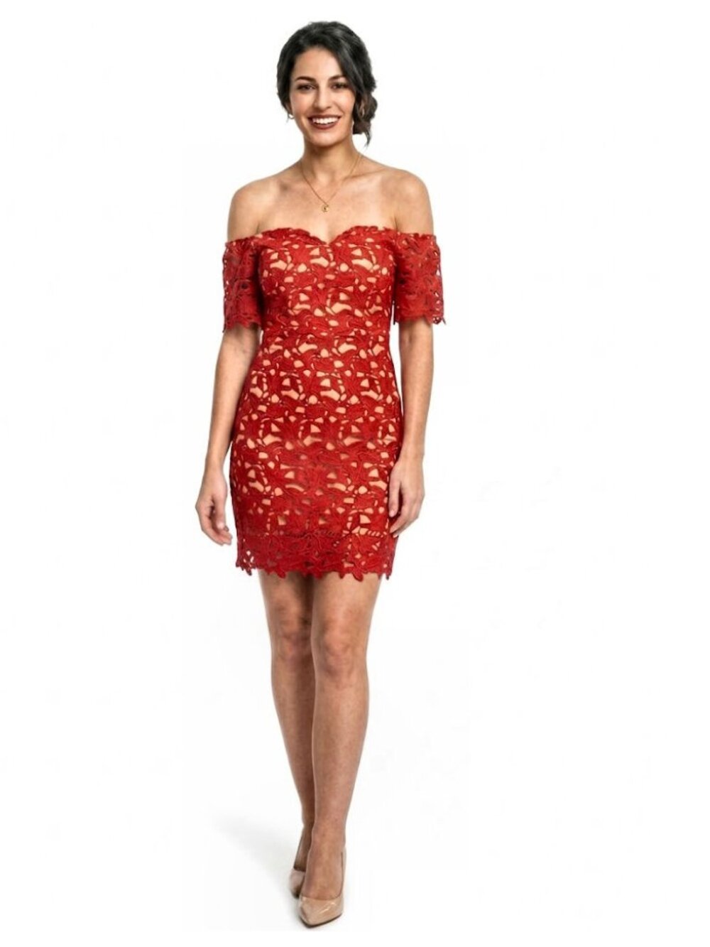 J.O.A. Los Angeles Guipure Lace Off-the-Shoulder Dress, Red, Womens Size Small